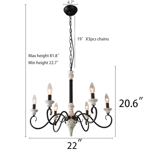 6-Light French Country Candle Style Chandelier in Black & White Wood