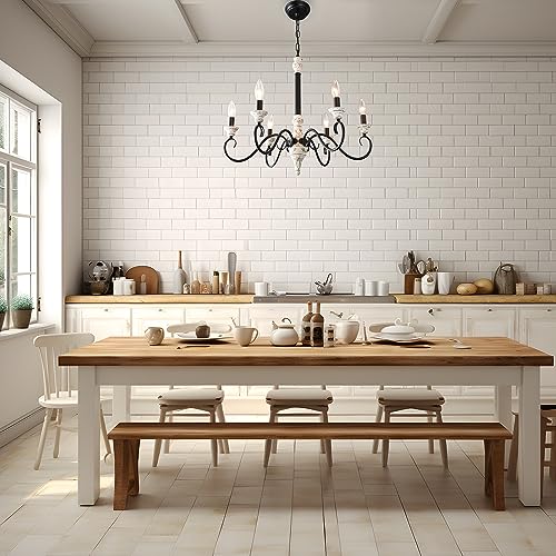 6-Light French Country Candle Style Chandelier in Black & White Wood