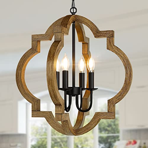 21.6'' Rustic Farmhouse Wood Chandelier, 4-Light Orb Fixture