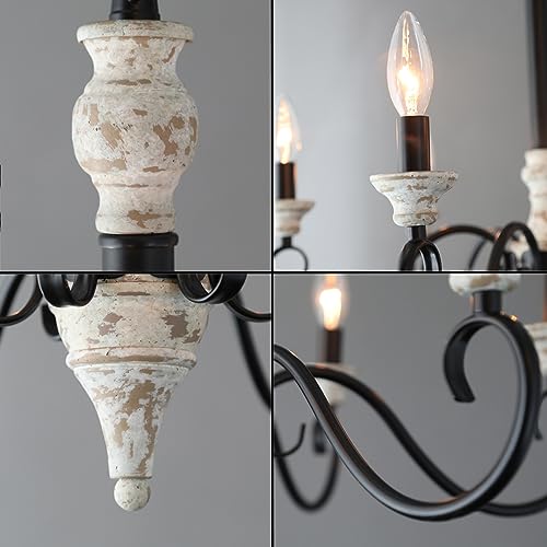 6-Light French Country Candle Style Chandelier in Black & White Wood