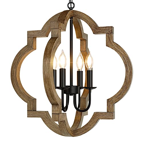 21.6'' Rustic Farmhouse Wood Chandelier, 4-Light Orb Fixture