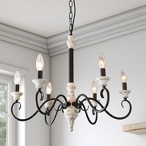 6-Light French Country Candle Style Chandelier in Black & White Wood