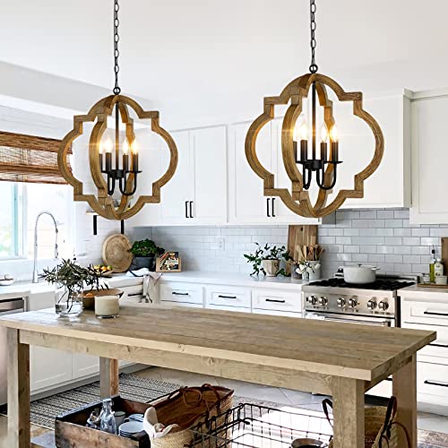 21.6'' Rustic Farmhouse Wood Chandelier, 4-Light Orb Fixture