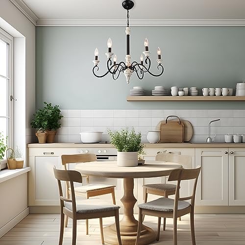 6-Light French Country Candle Style Chandelier in Black & White Wood