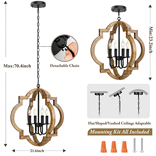 21.6'' Rustic Farmhouse Wood Chandelier, 4-Light Orb Fixture