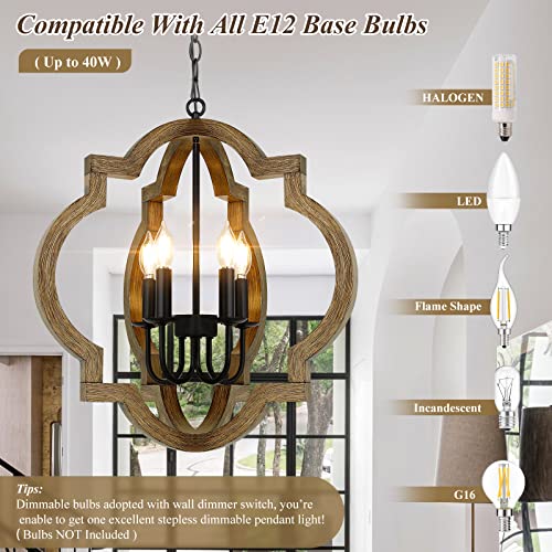 21.6'' Rustic Farmhouse Wood Chandelier, 4-Light Orb Fixture
