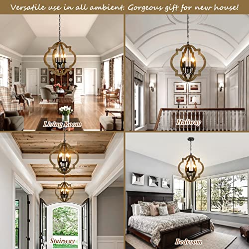 21.6'' Rustic Farmhouse Wood Chandelier, 4-Light Orb Fixture