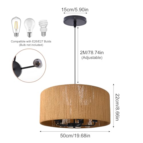 5-Light Wicker Drum Pendant Chandelier for Kitchen Foyer