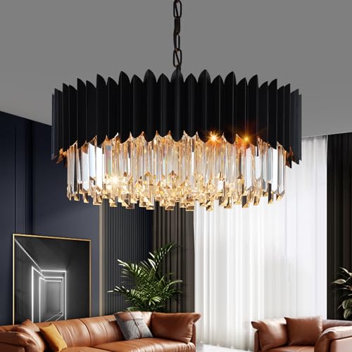 Large Black Crystal Chandelier with Adjustable Round Pendant
