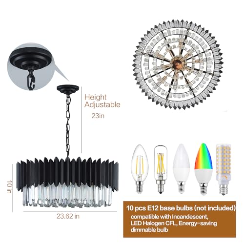 Large Black Crystal Chandelier with Adjustable Round Pendant