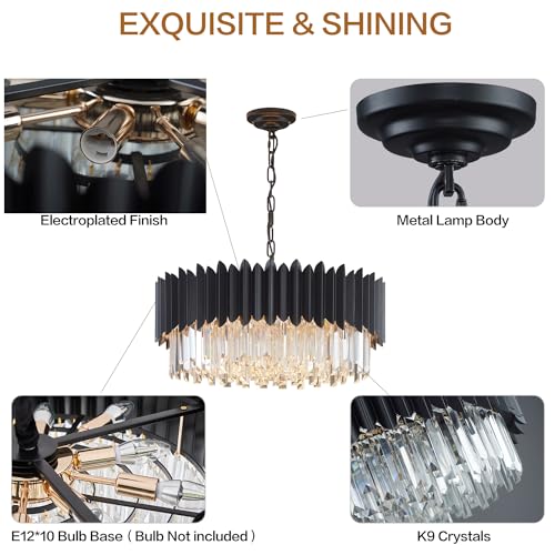 Large Black Crystal Chandelier with Adjustable Round Pendant