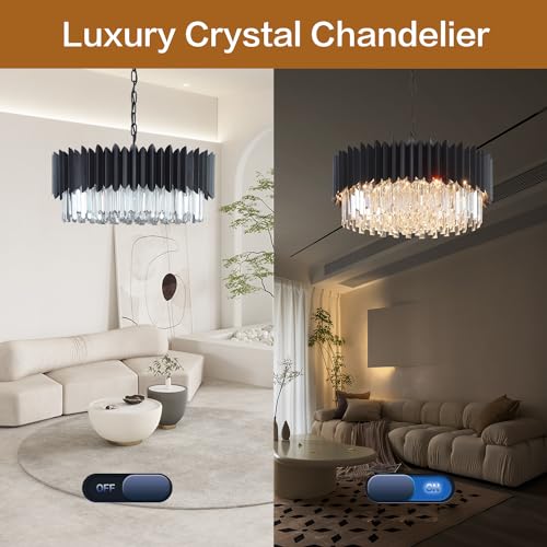 Large Black Crystal Chandelier with Adjustable Round Pendant