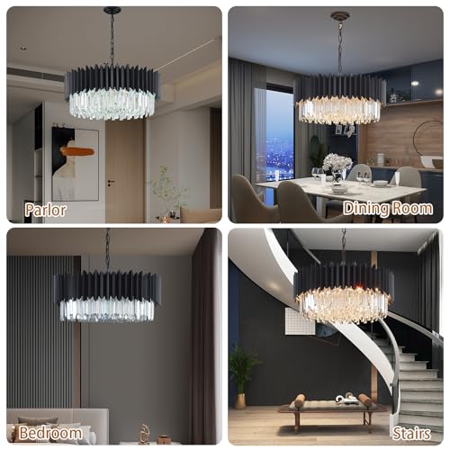 Large Black Crystal Chandelier with Adjustable Round Pendant