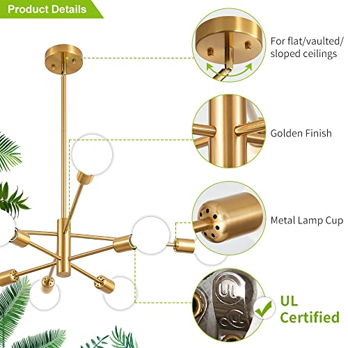 Modern Gold Sputnik Chandelier, 8 Lights for Various Rooms
