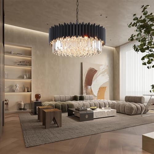 Large Black Crystal Chandelier with Adjustable Round Pendant