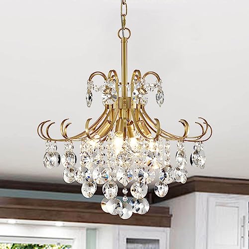 Peskoe Gold Crystal Chandelier, 4-Light Pendant, H 17.7" x W 18.1