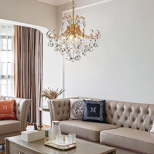Peskoe Gold Crystal Chandelier, 4-Light Pendant, H 17.7" x W 18.1