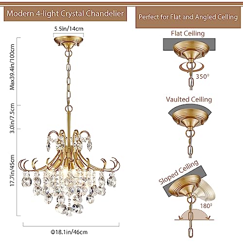 Peskoe Gold Crystal Chandelier, 4-Light Pendant, H 17.7" x W 18.1