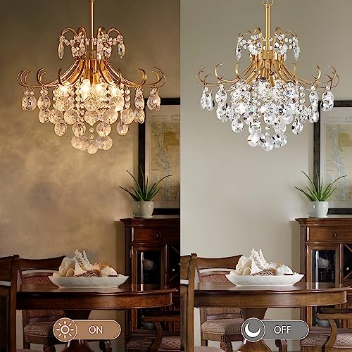 Peskoe Gold Crystal Chandelier, 4-Light Pendant, H 17.7" x W 18.1
