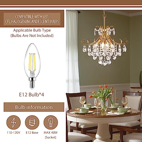 Peskoe Gold Crystal Chandelier, 4-Light Pendant, H 17.7" x W 18.1