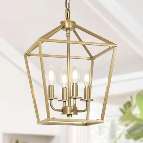 Gold Geometric Chandelier Light, Modern Ceiling Metal Cage