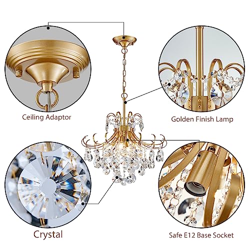 Peskoe Gold Crystal Chandelier, 4-Light Pendant, H 17.7" x W 18.1