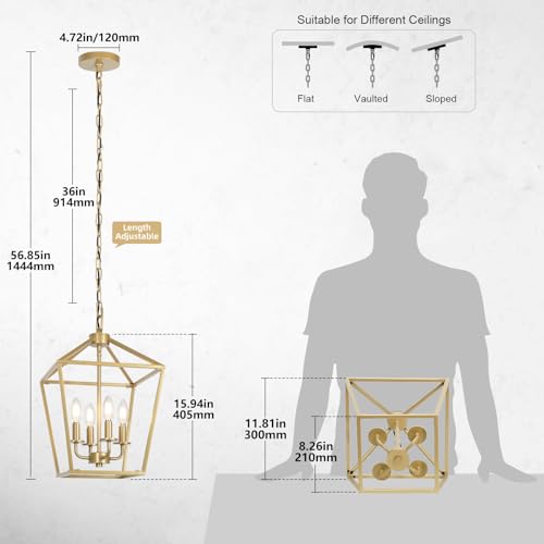 Gold Geometric Chandelier Light, Modern Ceiling Metal Cage