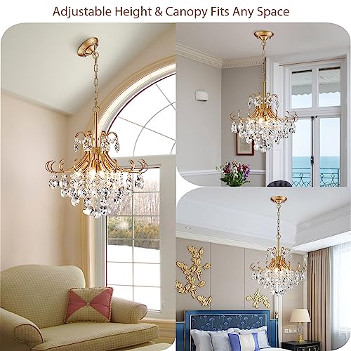 Peskoe Gold Crystal Chandelier, 4-Light Pendant, H 17.7" x W 18.1