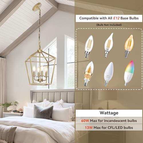 Gold Geometric Chandelier Light, Modern Ceiling Metal Cage