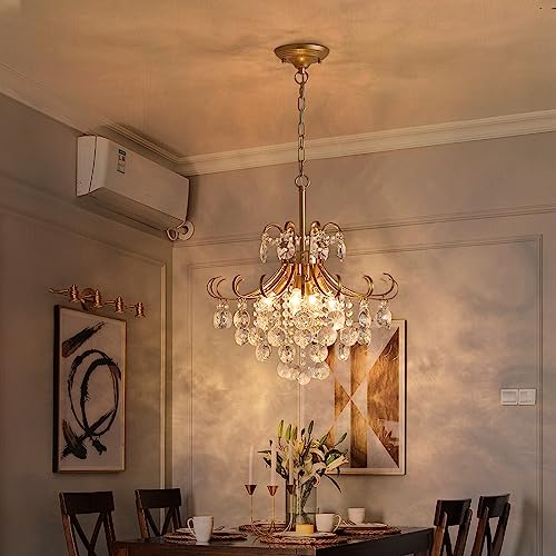 Peskoe Gold Crystal Chandelier, 4-Light Pendant, H 17.7" x W 18.1