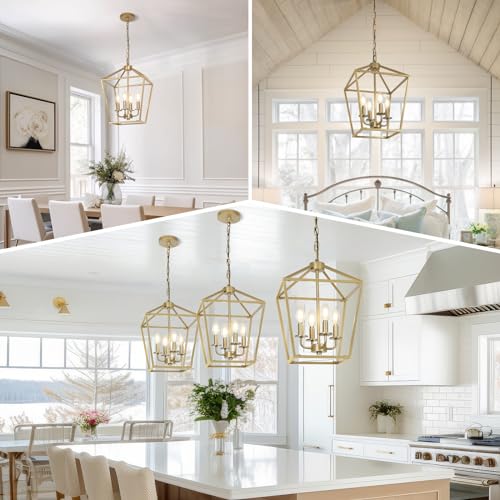 Gold Geometric Chandelier Light, Modern Ceiling Metal Cage