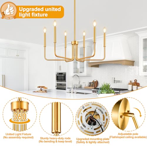 Gold 6-Light Farmhouse Chandelier for Dining Room Lighting