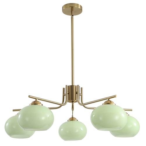 Green Glass Pendant Chandelier Light Fixture - Mid Century