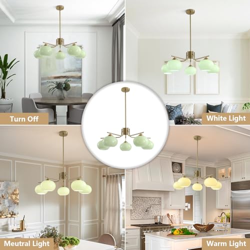 Green Glass Pendant Chandelier Light Fixture - Mid Century