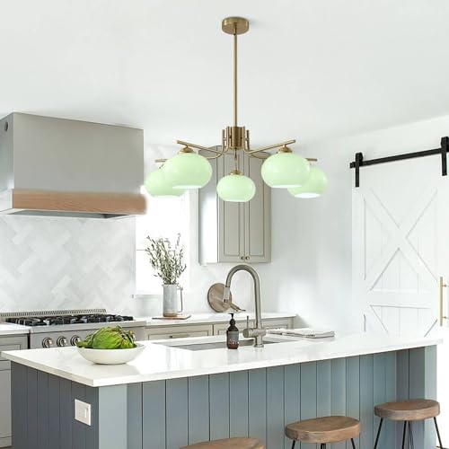 Green Glass Pendant Chandelier Light Fixture - Mid Century