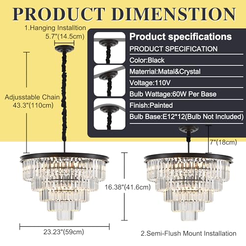 Black Crystal Chandelier 12-Light Modern Luxury Light