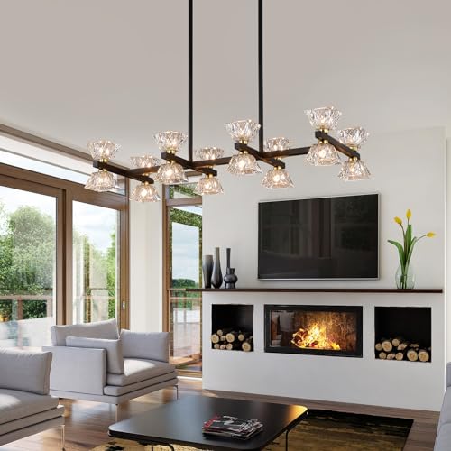 MEIXISUE Black Crystal Chandelier, 16-Light Dining Rectangle