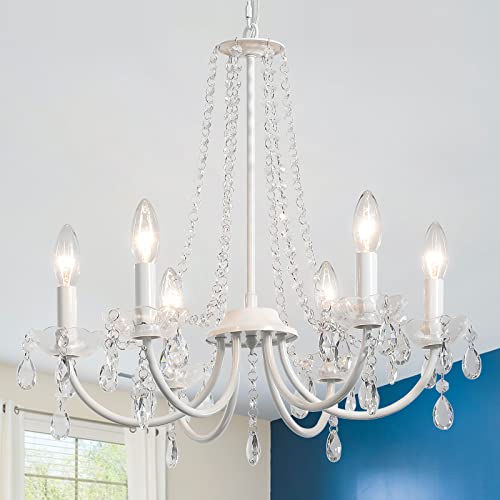 6-Light White Crystal Chandelier for Bedroom or Living Room