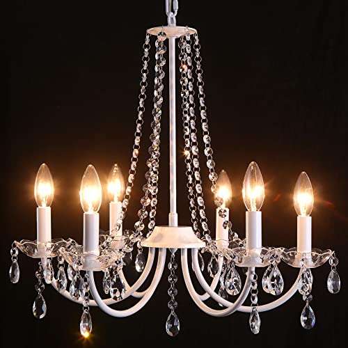 6-Light White Crystal Chandelier for Bedroom or Living Room