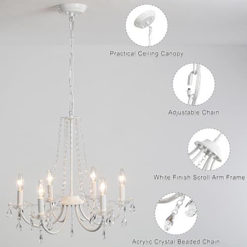 6-Light White Crystal Chandelier for Bedroom or Living Room
