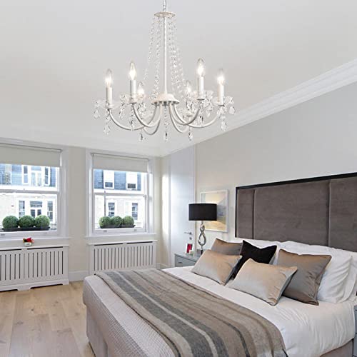 6-Light White Crystal Chandelier for Bedroom or Living Room