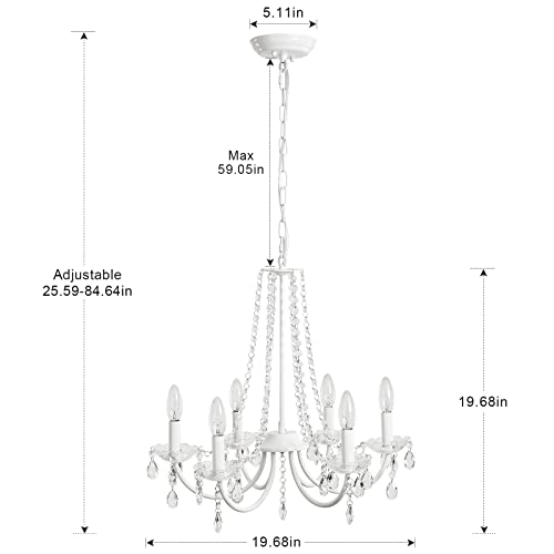 6-Light White Crystal Chandelier for Bedroom or Living Room