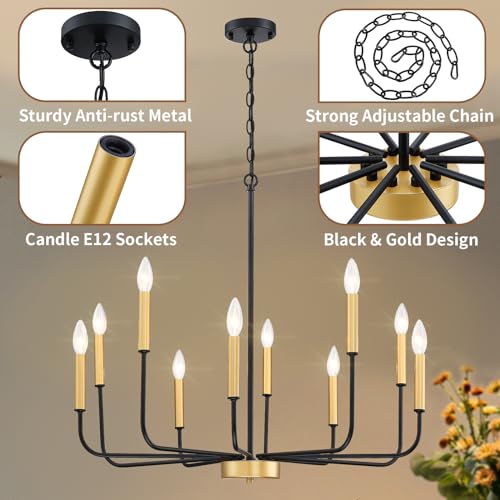 Modern Farmhouse Chandelier Black & Gold, Metal Candle-Light