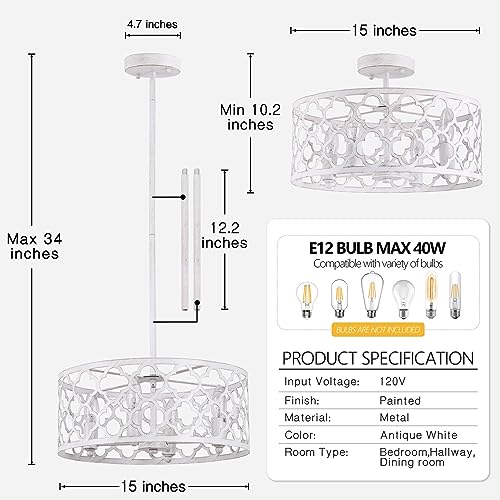 Bargeni Farmhouse Chandelier, 15 inch, 4-Light, Antique White