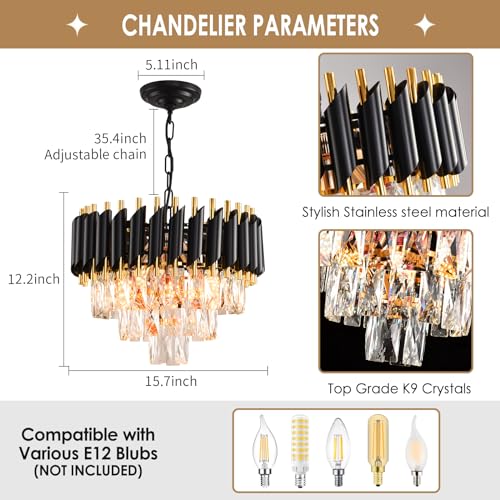 MEIOSOA Modern Crystal 3-Tier Round Chandelier - Black/Gold