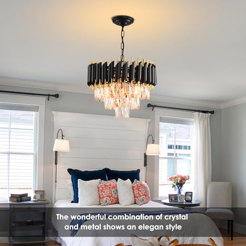 MEIOSOA Modern Crystal 3-Tier Round Chandelier - Black/Gold