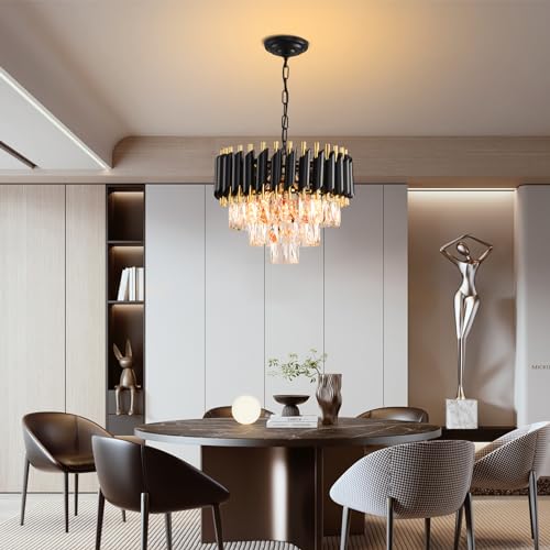 MEIOSOA Modern Crystal 3-Tier Round Chandelier - Black/Gold