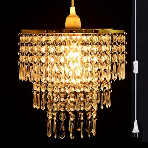 Gold Frame Plug in Faux Crystal Beaded Chandelier