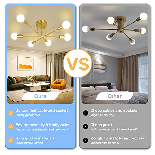 Gold Sputnik Chandelier, 6-Light Fixture for Living Room