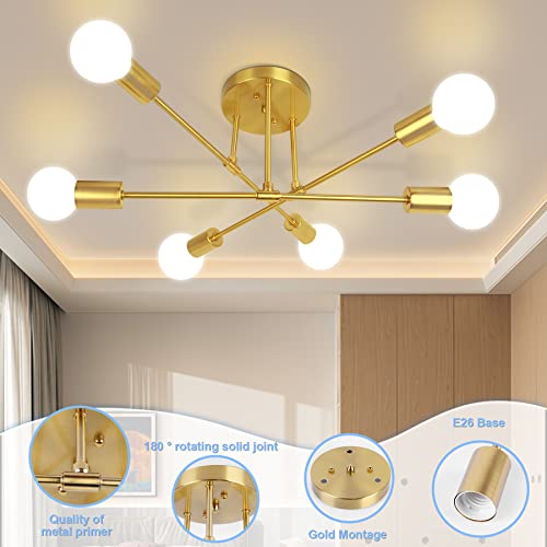 Gold Sputnik Chandelier, 6-Light Fixture for Living Room